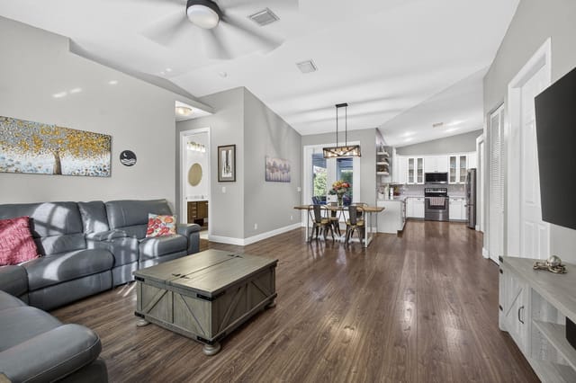 family room, dining room, and kitchen