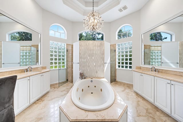 Symmetrical Luxury Spa Bathroom with Cha